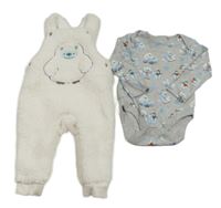 Nové - 2 set - šedé vzorované body + bílé huňaté laclové podšité kalhoty s výšivkou F&F