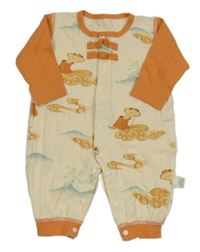 Smetanovo-oranžový žebrovaný overal s obrázky 