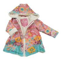 Růžovo-zelená květovaná propínací zateplená mikina s kapucí 