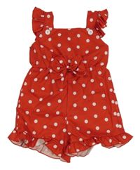 Červený puntíkatý kraťasový laclový overal s mašlí 