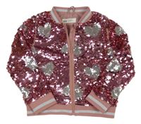 Růžovo-stříbrná flitrová podšitá bunda se srdíčky H&M