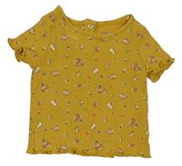 Okrové květované žebrované tričko Vertbaudet