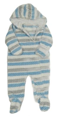 Bílo-šedo-modrá pruhovaná plyšová kombinéza s kapucí zn. Lily&Jack