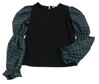 Černo-zeleno-modrá crop halenka s kostkovanými rukávy Shein