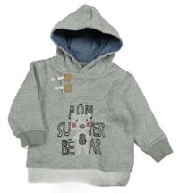 Šedá melírovaná pletená mikina s medvídkem a kapucí 