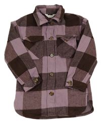 Fialovo-hnědá kostkovaná flaušová vlněná košilová bunda H&M