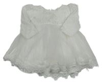 Bílé tylové slavnostní šaty s krajkou a 3D mašlí 