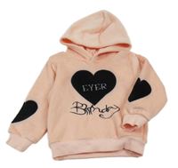 Růžovo-černá plyšová mikina se srdíčky a kapucí 