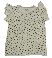 Smetanové žebrované květované tričko s volánky Sinsay