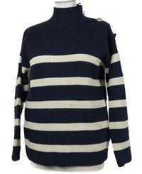 Dámský tmavomodro-smetanový pruhovaný svetr se stojáčkem a gombíky