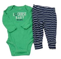 2set- zelené body s nápisem+ tmavomodré pruhované lehké tepláky Carter's