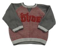 Šedo-červený melírovaný svetr s nápisem Matalan