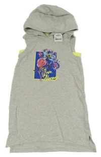 Nové - Šedé melírované teplákové šaty s kytičkami a kapucí Next