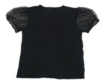 Černé tričko s šifonovými rukávy a puntíky Primark 