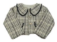 Béžovo-černo-bílé kostkované třpytivé crop sako s límečkem