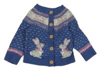 Modro-bílo-růžový vzorovaný propínací vlněný svetr s králíčky Jojo Maman Bébé