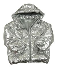 Stříbrná metalická prošívaná šusťáková zimní bunda s odepínací kapucí H&M