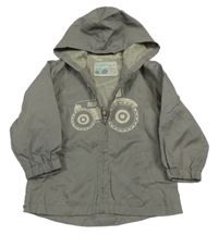 Hnědá šusťáková jarní bunda s traktorem a kapucí Tu