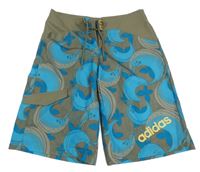 Khaki-modré vzorované plážové kraťasy s logem Adidas