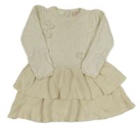 Bílo-zlaté třpytivé svetrové šaty s mašlemi a vrstvenou sukní