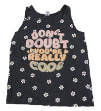 Tmavošedý top s nápisem a kytičkami Dopodopo