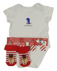 Nové - 2set - Bílé body s dinosaurem + pruhované ponožky se soby