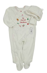Nové - 2set - Bílý sametový overal s vánočním motivem + čepice Dunnes