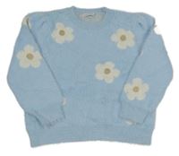 Modrý chlupatý svetr s kytičkami 