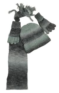 Nové - 3set - Šedo-zelená pruhovaná pletená žebrovaná čepice + šála + rukavice F&F