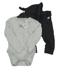 Nové - 3set - Antracitové tepláky + pruhované body s nápisem + čepice F&F