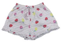 Světlerůžovo-bílé pruhované kraťasy s jahůdkami a citrony a volánky Matalan 