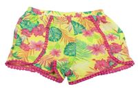 Žluto-tmavorůžové mačkané kraťasy s květy a lístečk Matalan