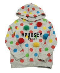 Šedo-barevná puntíkatá melírovaná mikina s nápisy a bambulemi a kapucí George