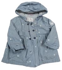 Modrá melírovaná puntíkatá plátěná jarní bunda s třešničkami a kytičkami a kapucí C&A