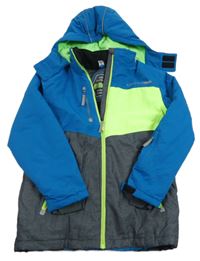 Petrolejovo-limetkovo-tmavošedá šusťáková zimní lyžařská bunda s kapucí YIGGA