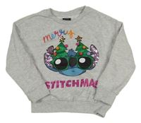 Šedá melírovaná oversize mikina se Stitchem s flitry a vánočním motivem George