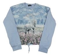 Světlemodrá crop mikina s koníkem a obláčky a květy a stříbrnými nápisy C&A