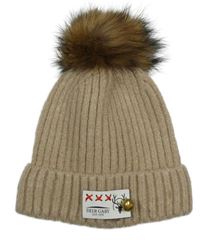 Béžová žebrovaná pletená čepice s nášivkou s rolničkou a bambulí