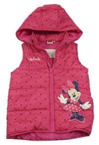 Tmavorůžová puntíkatá prošívaná šusťáková zateplená vesta s Minnie a kapucí Disney