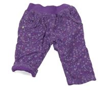 Tmavofialové manšestrové podšité kalhoty s kytičkami a úpletovým pasem KANZ