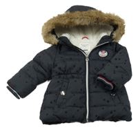Tmavomodrá prošívaná šusťáková zimní bunda s Minnie a hvězdičkami a kapucí s kožešinou C&A