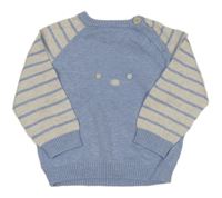 Modro-světlebéžový melírovaný svetr s medvídkem a pruhy Tu
