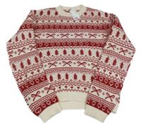 Nové - smetanovo-červený vzorovaný vlněný svetr s mašlemi a srdíčky a stromečky H&M