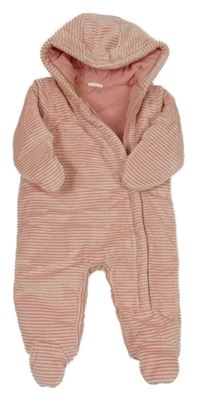 Růžovo-bílá pruhovaná sametová zateplená kombinéza s kapucí Next