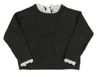 Tmavošedý melírovaný žebrovaný svetr s bílými volánky s madeirou PRIMARK