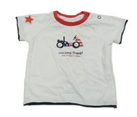 Bílo-červeno-tmavomodré tričko s autem a nápisy iDO