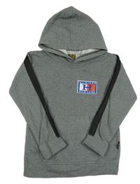 Tmavošedá melírovaná mikina s potiskem a kapsou a pruhem a kapucí 