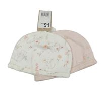 Nové - 2x - Čepice - Bílá s myšmi, světlerůžová s kytičkami Mothercare