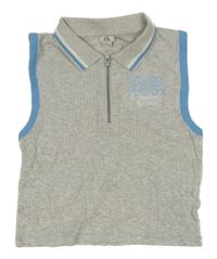 Světlešedo-modrý melírovaný žebrovaný crop top s číslem a nápisy a límečkem RIVER ISLAND