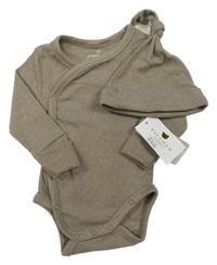 Nové - 2Set - Kávové melírované žebrované zavinovací body + čepice piccolo bambino